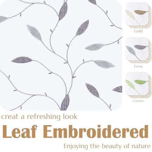 jinchan Sheer Valance for Window Gray Leaf Embroidered 18 Inch 1 Panel - color: Leaves | Grey on White
