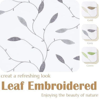 jinchan Sheer Valance for Window Gray Leaf Embroidered 18 Inch 1 Panel - color: Leaves | Grey on White