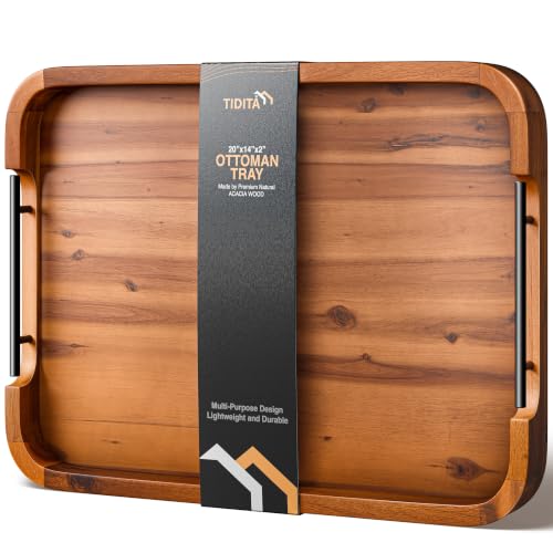 TIDITA 20"x14" Wooden Large Ottoman Tray, Serving Tray with Metal Handles - color: Acacia Color, size: 20" x 14" x 2"