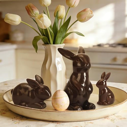 Tuitessine Set of 3 Easter Decorations Chocolate Ceramic Bunny Figurines Spring Home Decor Tiered Tray Desktop Mantle Shelf Table Centerpiece Mantel Display Easter Rabbit Ornaments Ideas