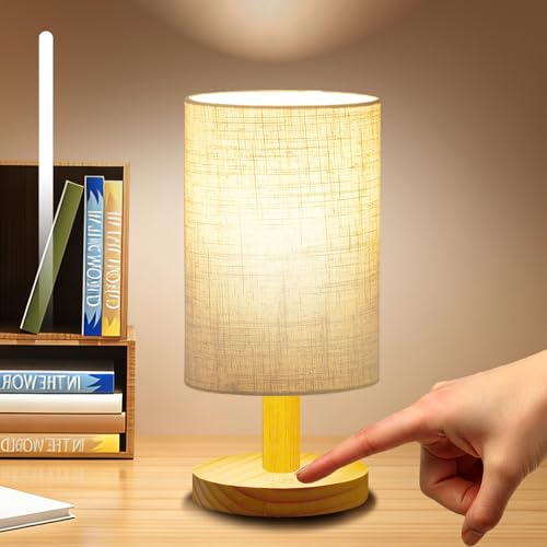 Small Touch Table Lamp for Bedroom, Bedside Lamp for Warm Light LED Desk Lamp, Wood Base Round Flaxen Fabric Shade for Kids Room, Living Room, College Dorm, Home, Office - color: Touch Switch