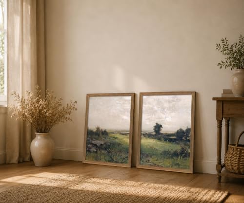 Landscape Wall Art Set of 2 Framed, Neutral Farmhouse Canvas Prints, - color: Green scenery, size: 12x16 Inches