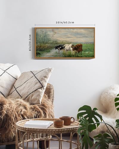 SHENIFY Vintage Framed Wall Art Cow Farm Landscape Painting Retro Meadow Scenery Farmhouse Kitchen Living Room Decor - 8x16in Natural Framed - color: Cow Farm, size: 16"L x 8"W