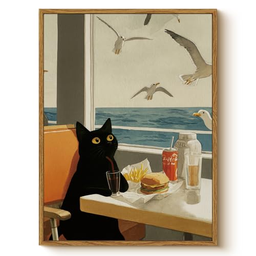 WHASAYART Framed Whimsical Black Cat Canvas Wall Art 12x16 Inch - color: Black Cat Holiday, size: 16"L x 12"W