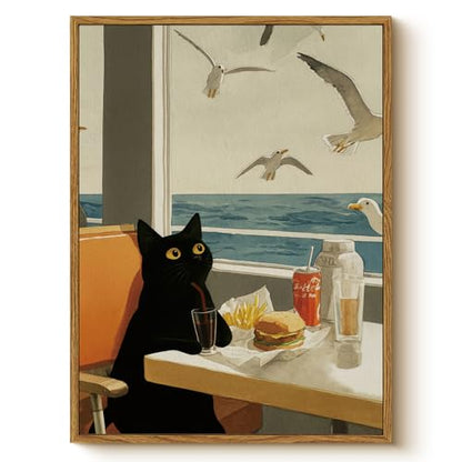 WHASAYART Framed Whimsical Black Cat Canvas Wall Art 12x16 Inch - color: Black Cat Holiday, size: 16"L x 12"W
