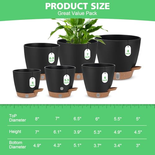 Self Watering Planter Set with Visual Water Level, 6Pack Small Plastic Pot with Drainage Holes and Reservoir Saucers, Modern 8+7+6.5+6+5.5+5 Inch Bottom Watering Flower Pots for Indoor Plant - Black - color: Black-small
