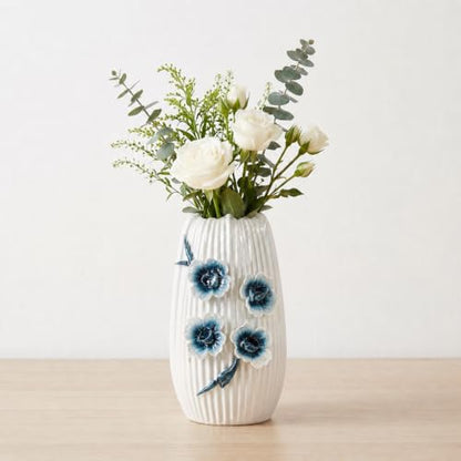 White Flower Vase, Boho Ceramic Vase for Living Room, 9 Inch - color: White and Dark Blue, size: 9 inch