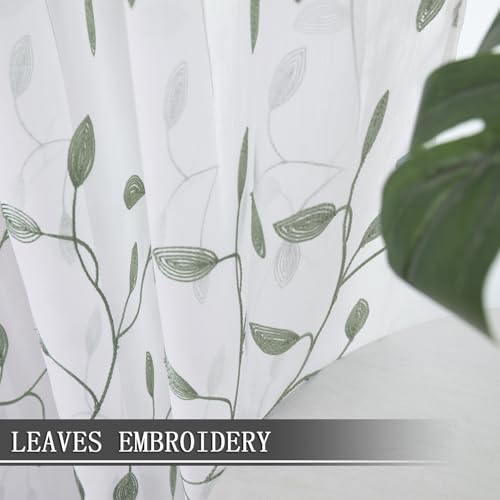 Tollpiz Leaves Sheer Tier Curtain Sage Green Leaf Embroidery Kitchen Half Curtains Rod Pocket Voile Faux Linen Embroidered Leaves Curtain for Bathroom, 30 x 36 inches Long, Set of 2 Panels - color: Sage Green, size: 30"W x 36"L (Pack of 2)