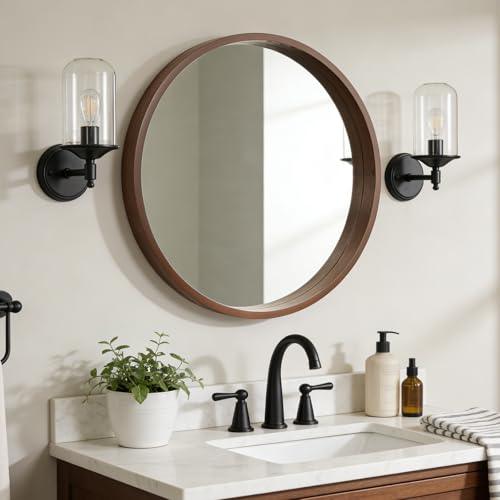 WallBeyond 28 Inch Round Wood Mirror, Large Circle Wooden Frame Wall Mirror for Bathroom, Living Room, Bedroom, Entryway (Walnut) - color: Walnut, size: 28"L x 28"W