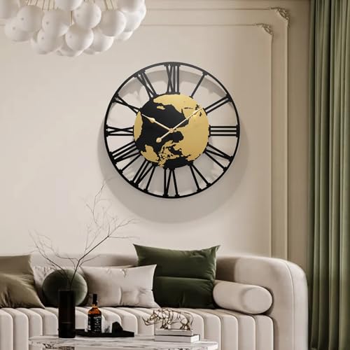 Large Decorative Wall Clocks，24" Silent Wall Clock for Bedroom & Office，Battery Operated with Metal Frame for Kitchen/Farmhouse/Classroom - color: Black World Map-roman Numerals, size: 24inch