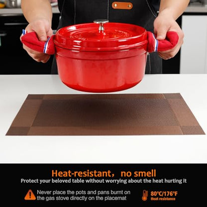 Brown Vinyl Placemats Set of 6, Heat Resistant Table Placemats - color: Brown