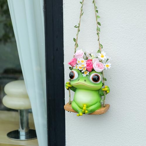 Hanging Swing Frog Planter, Cute Resin Succulent Flower Pot with Drainage Hole, Indoor Outdoor Garden Decor