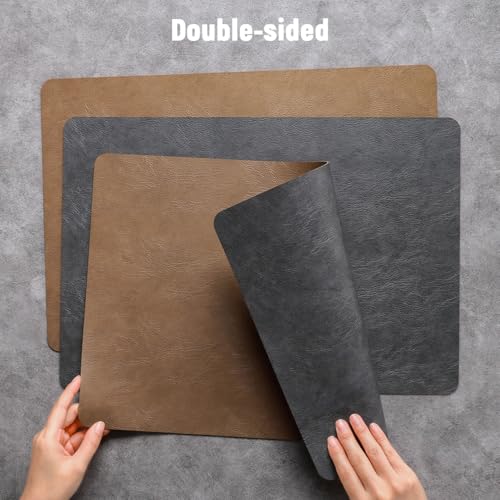 Vinyl Placemats Set of 6, Dual Sided Place Mats with Drink Coasters - color: Brown/Dark Gray Two-tone, size: Set of 6