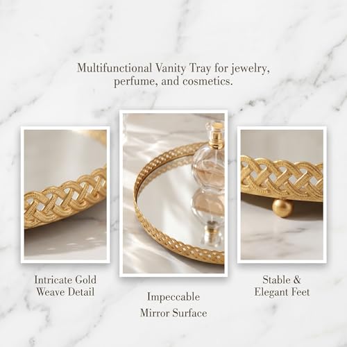 Gold Mirror Tray Round Vanity Organizer for Perfume Jewelry Home Decor