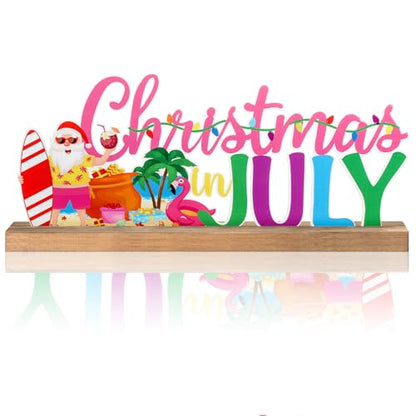 MiniInflat Christmas in July Metal Sign Rustic Table Decor Holiday Tiered Tray Decor with Wooden Base Freestanding Metal Word Sign for Home Tabletop Centerpiece Mantel Shelf Fireplace - style: Christmas in July