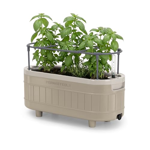Permasteel Herb Garden Planter with Trellis Support, Self-Watering System with Water Level Indicator, Fits Multiple Herb Plants, for Basil, Flowers, Succulents, Indoor & Outdoor, Taupe - color: Taupe