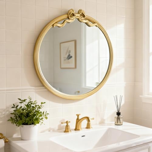 15.75" Gold Bow Decorative Round Mirror, Metal Frame Hanging Circle Mirror, Wall Mounted for Entryway, Bathroom, Vanity, Living Room