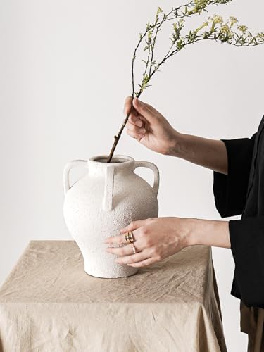 Ceramic Vase, White Textured with 4 Handles, 8.8 Inch Flower Vase - color: Yeda - Rock Sand White, size: M(8.8"-9.8")
