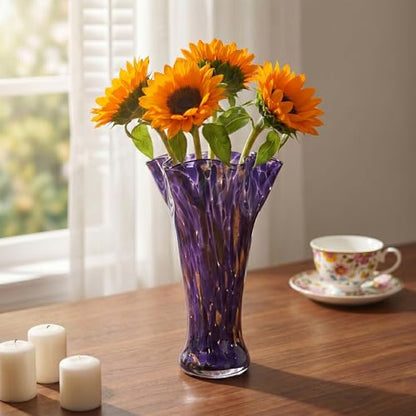 9.0" H Purple Glass Vases for Flower, Unique Hand Blown Glass Vase - color: Purple