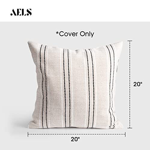 AELS 20x20 Decorative Farmhouse Linen Blend Throw Pillow Covers, Boho Textured Pillow Case, Set of 2, Beige with White & Black Stitch Yarn Dyed Stripe Cushion Cover for Sofa Living Room (Cover ONLY) - color: Beige With White & Black, size: 20" x 20" (Pack