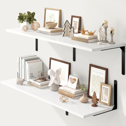 Fun Memories Floating Shelves for Wall, 12 Inch Deep Floating Shelves Set of 2, Wall Mounted Shelf with Metal Brackets, Rustic Wood Wide Shelf for Bathroom, Kitchen and Living Room, White, 48W x 12D - color: White | L Bracket, size: 48"L x 12"D