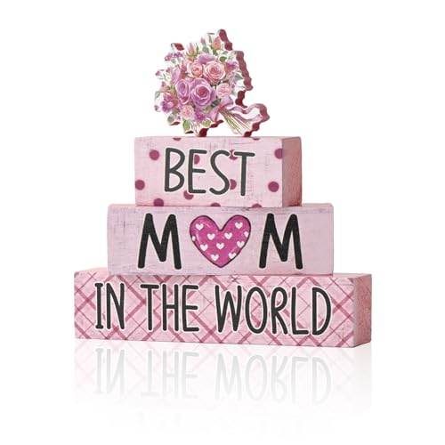 Smile 4 Pcs Mother's day Indoor Wooden Decor, Best Mom In the World Tiered Tray Farmhouse Table Decoration for Home and Office - style: Motherday