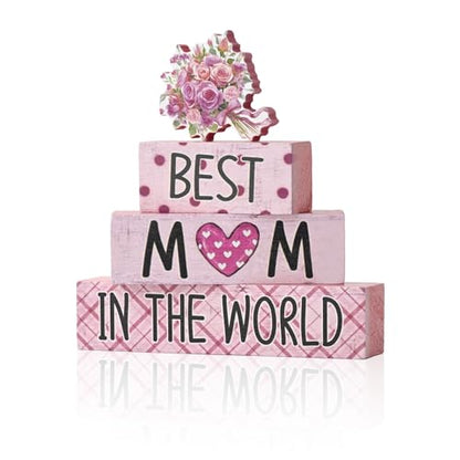 Smile 4 Pcs Mother's day Indoor Wooden Decor, Best Mom In the World Tiered Tray Farmhouse Table Decoration for Home and Office - style: Motherday