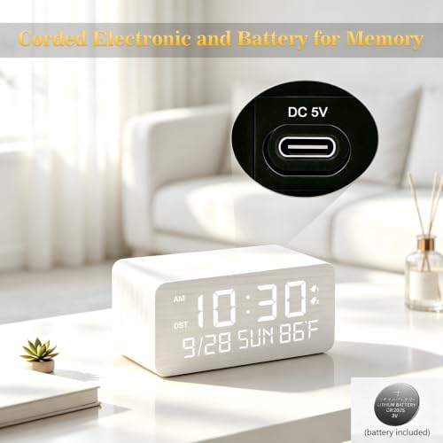 Premium White Wooden Digital Alarm Clock with Wireless Phone Charger, USB Charging Ports, Dimmable LED Display, Date & Day of Week, Temperature, Digital Desk Clock for Bedroom Nightstand Bedside Table - color: White