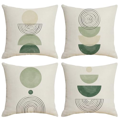 IcosaMro Boho Throw Pillow Covers 18x18 Set of 4 Mid Century Modern Geometric Cotton Linen Arch Sun Green Throw Pillow Case Decorative Cushion Cover for Couch Beadroom Sofa - color: Green Geometry