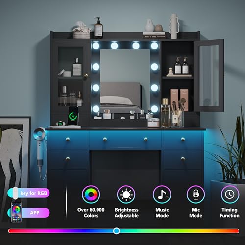 Xixini 44" Vanity Desk with Mirror & Lights, Glass Storage Cabinets, Black - color: Black