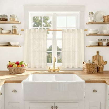 LAMIT Semi Sheer Linen Curtains 30 Inch Length for Cafe, 2 Panels, Linen - color: Linen, size: 25"W x 30"L (Pack of 2)