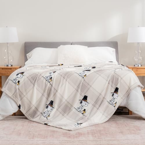 Berkshire Blanket Peanuts® VelvetLoft® Cute Character Snoopy Plush Blanket,Lakeside Plaid Harvest Snoopy and Woodstock Grey,Twin 60 in x 90 in (Official Peanuts® Product) - color: Lakeside Plaid Harvest Snoopy and Woodstock Grey, size: Twin (60 in x 90 in