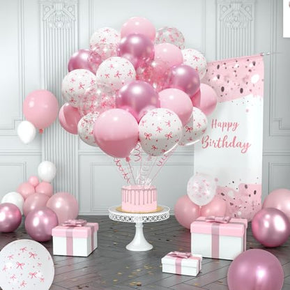 Patimate Pink Bow Balloons Set 50 pcs 12 inch Pink White Print Balloon Kit - color: Pink White Bow