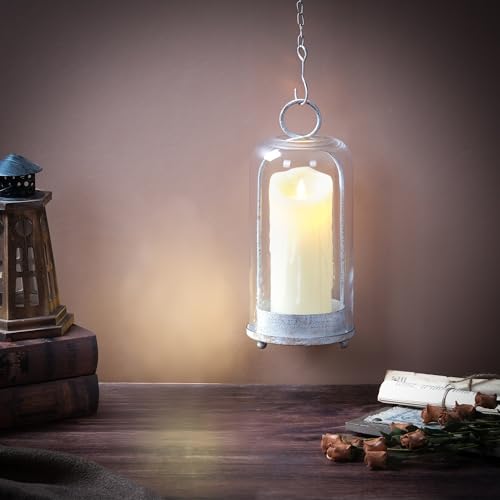 12" High Versatile Modern Metal Hurricane Lantern with Handmade Sturdy Glass Dome in Shabby White for Pillar Candle & Plants, Industrial, Farmhouse (White Shabby, 5"x12") - color: White Shabby, size: 5"x12"