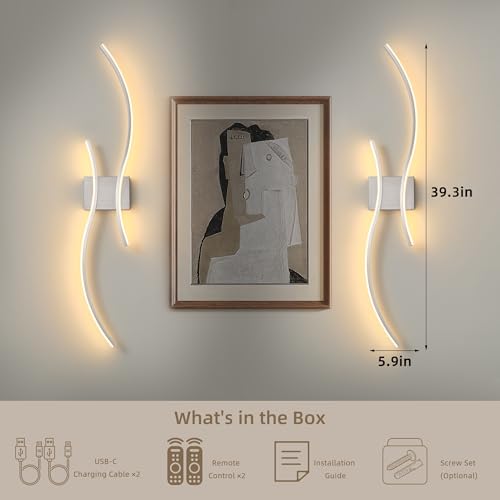 Wireless Wall Sconces Set of Two, Dimmable, 3CCT, Up to 65H Runtime - color: Nickel, size: 39.3 inches (2 Pack)