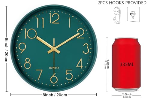 Silent Wall Clocks Battery Operated 8 Inch, Analog Wall Clock with Large Number Tempered Glass Clock Face, Dark Green Quartz Non Ticking Wall Clocks for Living Room Bedroom Kitchen Office - color: Dark Green, size: 8 Inch