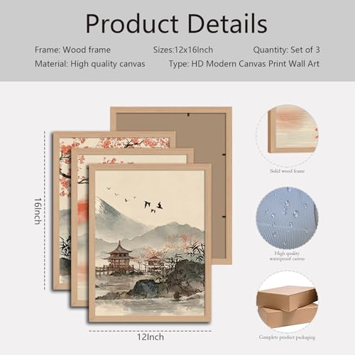Japanese Sakura Wall Art Set of 3, Mountain Landscape Canvas Prints - color: CherryBlossomMountain, size: 12x16 Inches