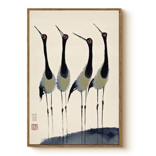 WHASAYART Vintage Framed Ink Crane Wall Art Bird Canvas Wall Decor 16x24 - color: Green Bird, size: 24"L x 16"W
