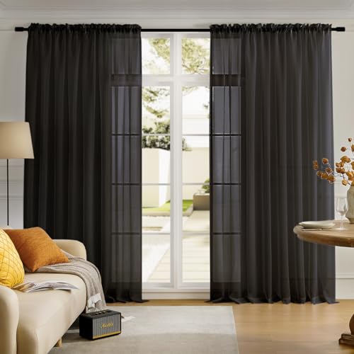 Sheer Curtains Rod Pocket Voile Drapes 108"Wx 84"L, Black, 2 Panels - color: Black, size: 108"W x 95"L (Pack of 2)