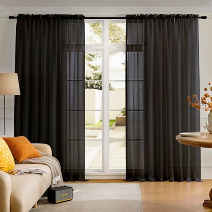Sheer Curtains Rod Pocket Voile Drapes 108"Wx 84"L, Black, 2 Panels - color: Black, size: 108"W x 95"L (Pack of 2)