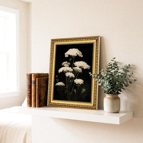 Vintage Botanical Framed Wall Art, Moody White Queen Anne's Lace Canvas Print, Antique Gold Floral Wall Decor, Rustic Cottagecore Artwork for Living Room Bedroom Bathroom - color: Queen-Anne's Lace, size: 12*16