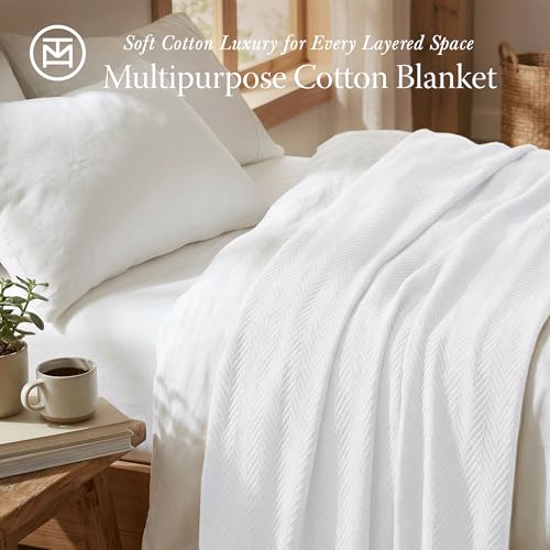 Threadmill Luxury 100% Cotton King Herringbone Blanket, Bright White - color: Bright White, size: King (106" x 92")