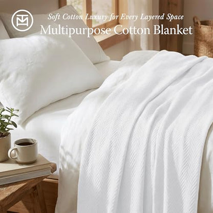 Threadmill Luxury 100% Cotton Queen Herringbone Blanket, Bright White - color: Bright White, size: Queen (90" x 92")