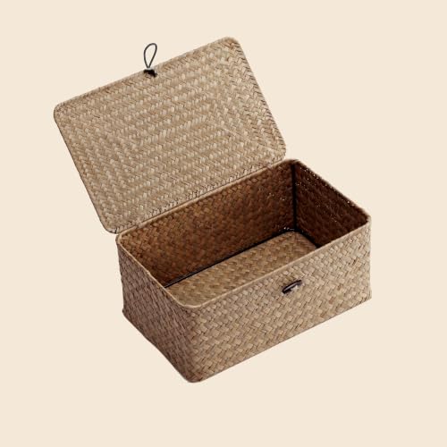 Nonam Small Wicker Basket with Lid,Seagrass Shelf Storage Basket,Coffee - color: S-Coffee