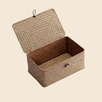 Nonam Small Wicker Basket with Lid,Seagrass Shelf Storage Basket,Coffee - color: S-Coffee