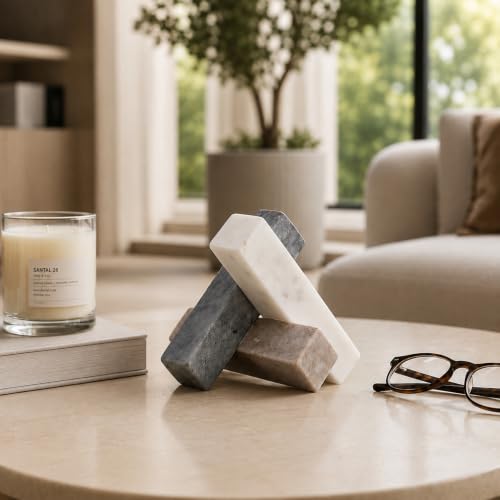 Abstract Jack for Book Shelf and Home Decor - Marble Sculpture for Bathroom, Small Bedroom, Kitchen Counter, and Living Room - Contemporary Modern Style Desk Accessory for Office - 6", White & Tan