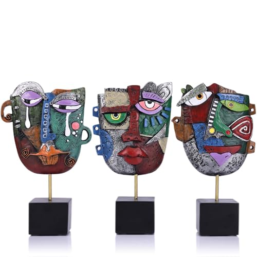 3PC Abstract Face Sculptures, Afrocentric Pop Art Decor, Modern Resin Statue Handcrafted Table Sculpture, Bookshelf Decor, TV Stand Ornaments, Artsy Coffee Table, Living Room Accent, Cabinet