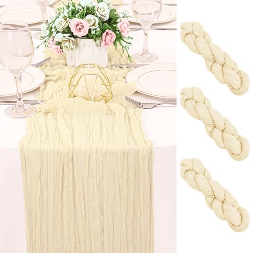2 Pack 120 Inch Beige Cheesecloth Table Runner Boho Rustic Gauze Sheer Romantic 10 FT Long Cheese Cloth Table Runner for Bridal Baby Shower Wedding Party Birthday Holiday Home Easter Decor - color: Beige