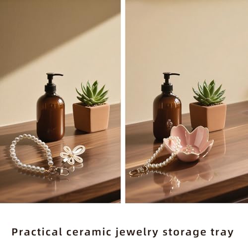 Flower Ceramic Jewelry Dish, Floral Ring Holder Tray - color: pink