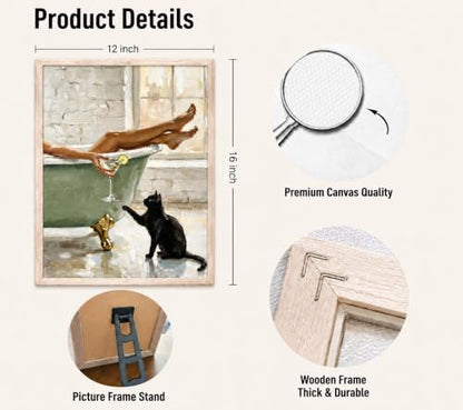 Framed Black Cat Bathtub Canvas Wall Art Poster Prints 12×16In1P Be Hung - color: bathroom-1, size: 12×16in